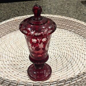 Bohemian Red etched Glass Jar with Lid